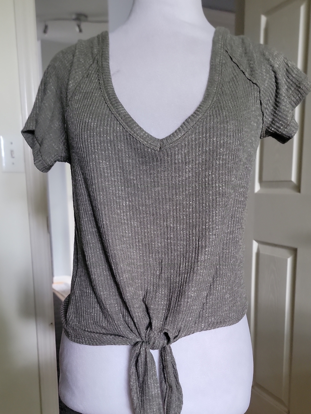 Abercrombie & Fitch Olive Green Ribbed V-Neck Tie-Front Top